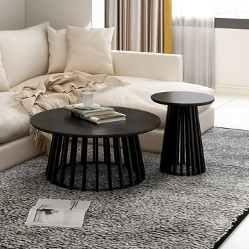 Round Coffee Table Set of 2 Grille Molding Cocktail Table Circle Coofee Table with Metal Base for Living Room