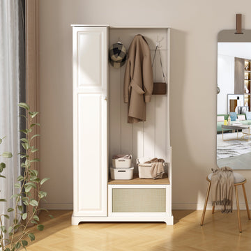 Modern Coat Rack and Bench Storage Cabinet Hall Tree Entryway Cabinet with Flip Board Bench Closet Storage Organizers, White