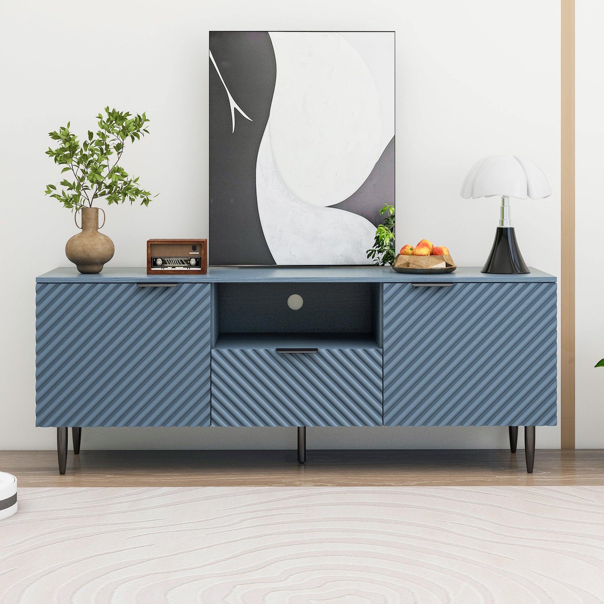 59 Inch TV Stand with Solid Ion Feet, Modern TV Media Console Table for TVs  Up to 65 Inch for Living Room Sideboard Storage Cabinet, Blue