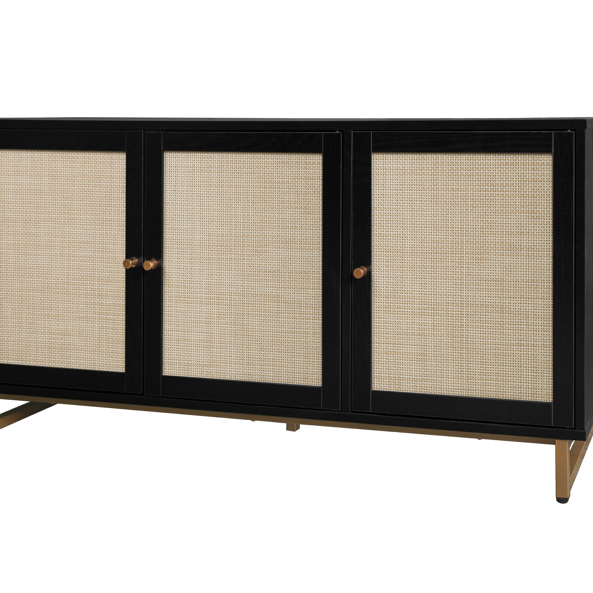 3 Door Storage Cabinet with Adjustable Shelf TV Media Console Cabinet with Rattan Doors and Metal Leg Entertainment Center Cabinet with Cable Hole, Black