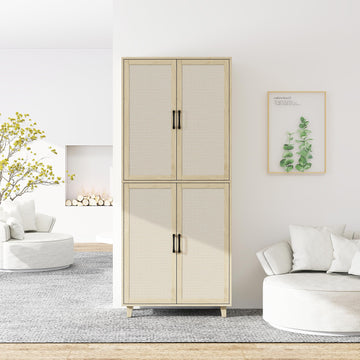 Storage Cabinet with 4 Doors Tall Storage Cabinet with Rattan Doors and Adjustable Shelf Freestanding Cupboard for Kitchen Living Room, Natural