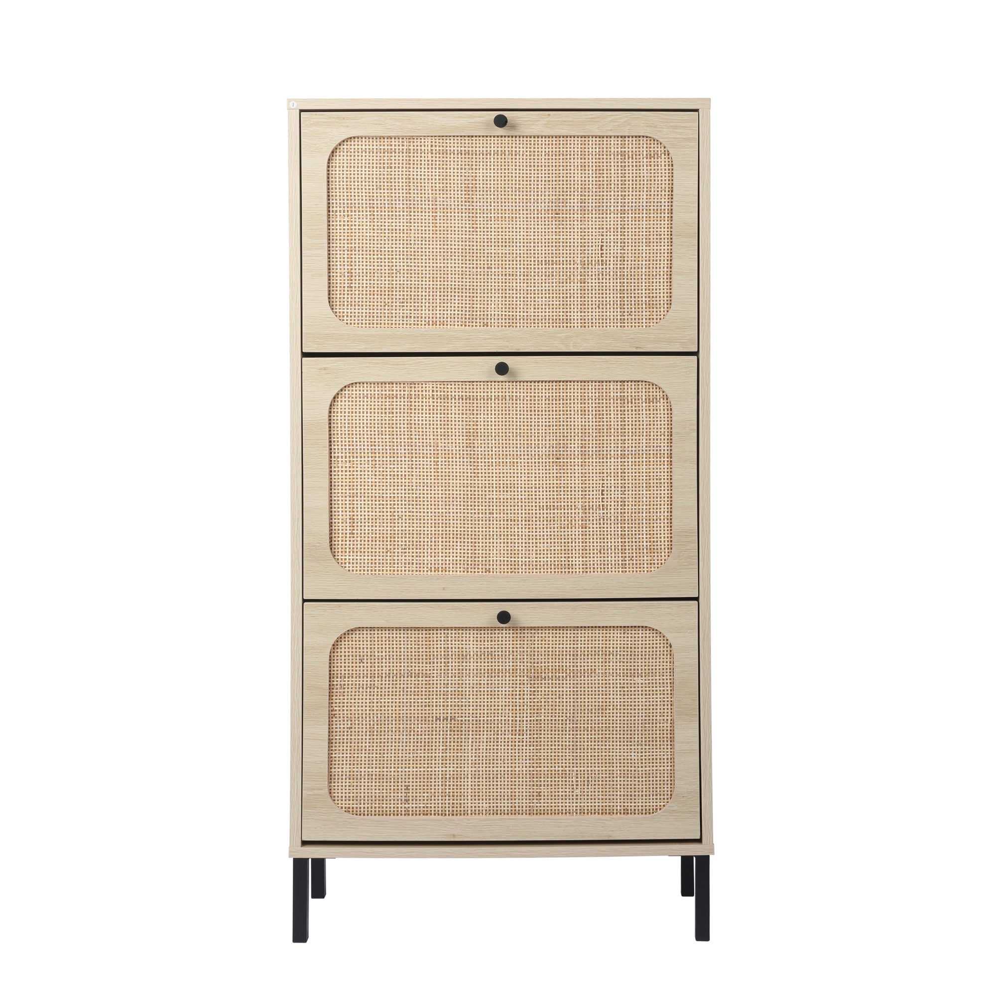 Rattan Shoe Storage Cabinet with 3 Flip Drawers Rattan 3 Door Shoe Rack Freestanding Modern Shoe Storage Cabinet for Entryway, Natural