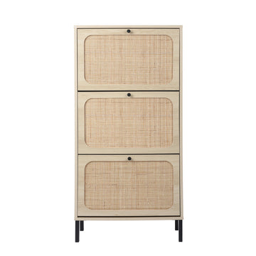 Rattan Shoe Storage Cabinet with 3 Flip Drawers Rattan 3 Door Shoe Rack Freestanding Modern Shoe Storage Cabinet for Entryway, Natural
