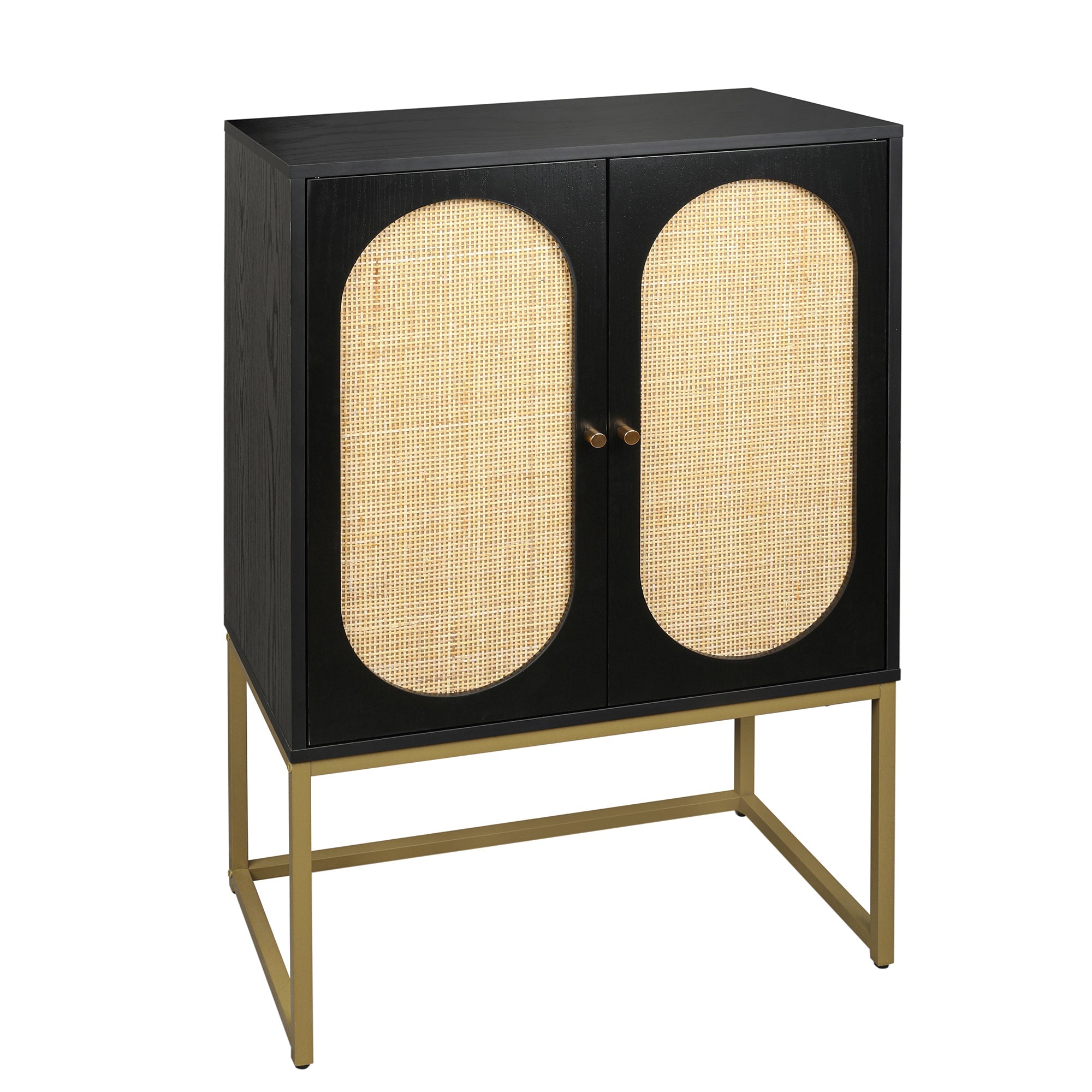 High Storage Cabinet with 2 Rattan Doors Freestanding Shoe Cabinets with Built-in Adjustable Shelf and Matel Leg Hallway Entryway Cabinets, Black