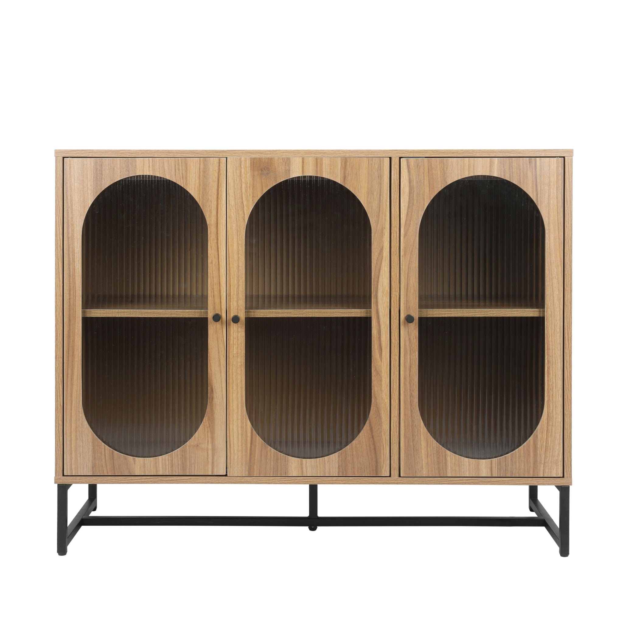 3 Door Storage Cabinet with Metal Leg Modern Sideboard Buffet Cabinet with Glass Doors Buffet Server Console Table for Dining Room, Living Room, Kitchen, Hallway