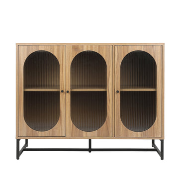 3 Door Storage Cabinet with Metal Leg Modern Sideboard Buffet Cabinet with Glass Doors Buffet Server Console Table for Dining Room, Living Room, Kitchen, Hallway