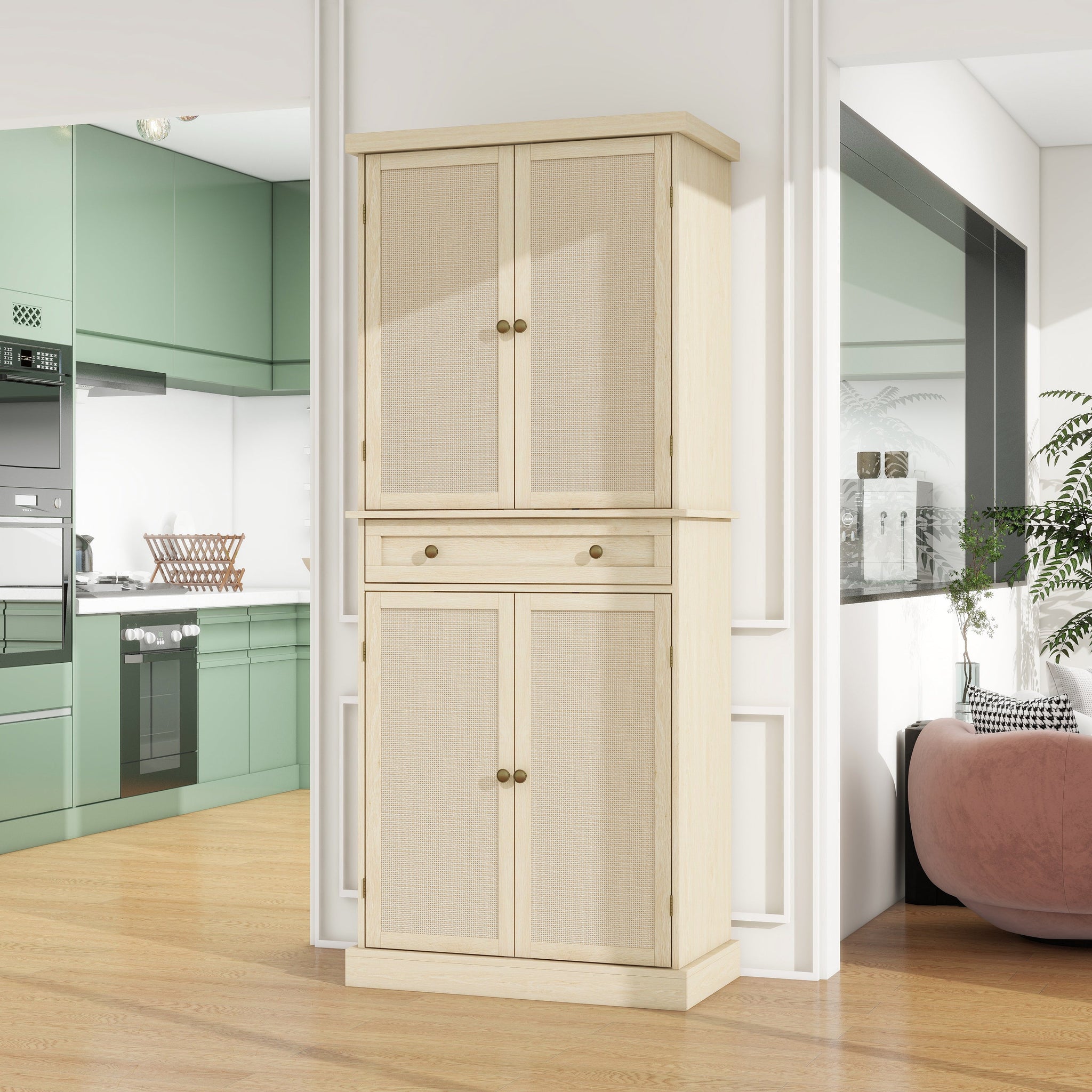 Tall Storage Cabinet with Drawers 4 Rattan Door Storage Cabinet with Adjustable Shelf Freestanding Cupboard for Kitchen Living Room, Natural