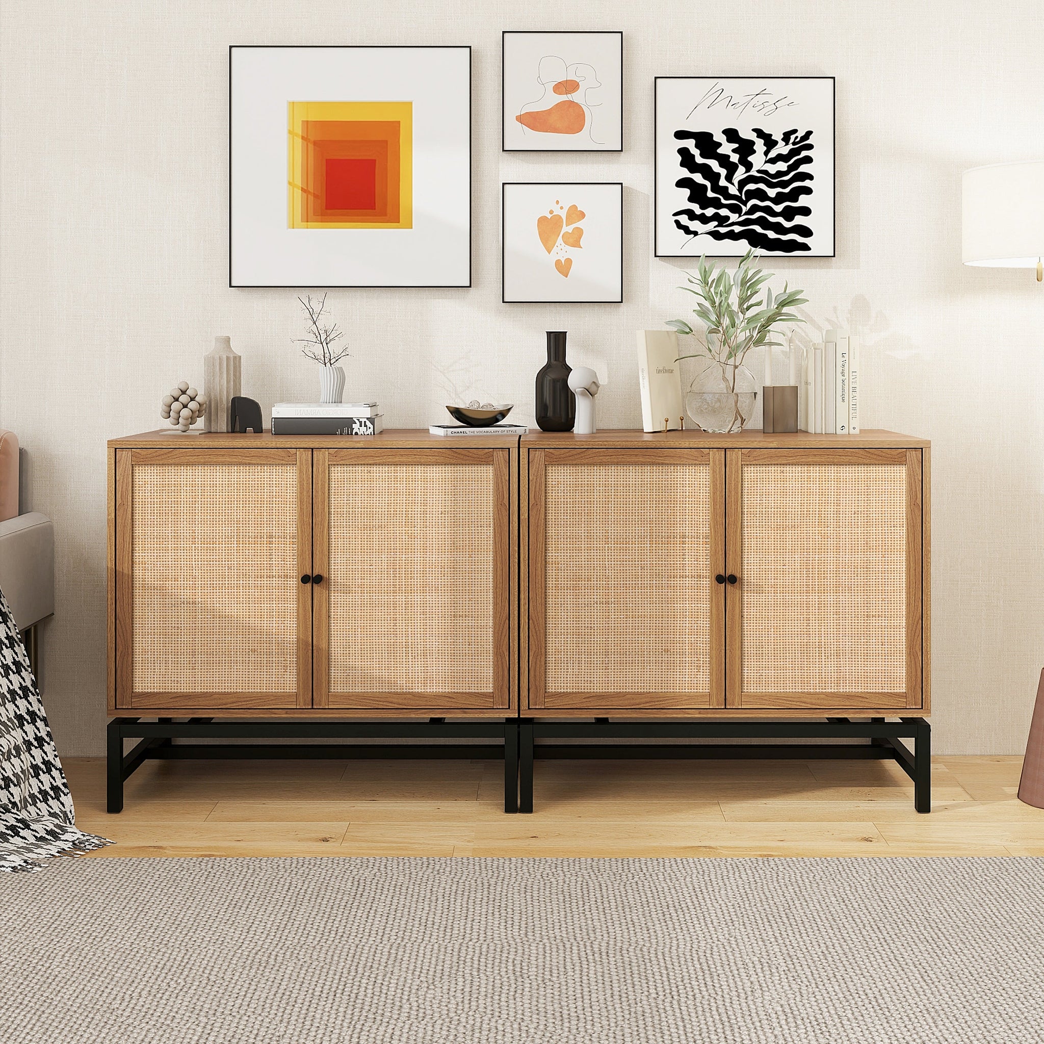 Storage Cabinet Set of 2 Storage Cabinet with 2 Rattan Doors Adjustable Shelves Cabinet Sideboard Cabinet Bedroom Dressers