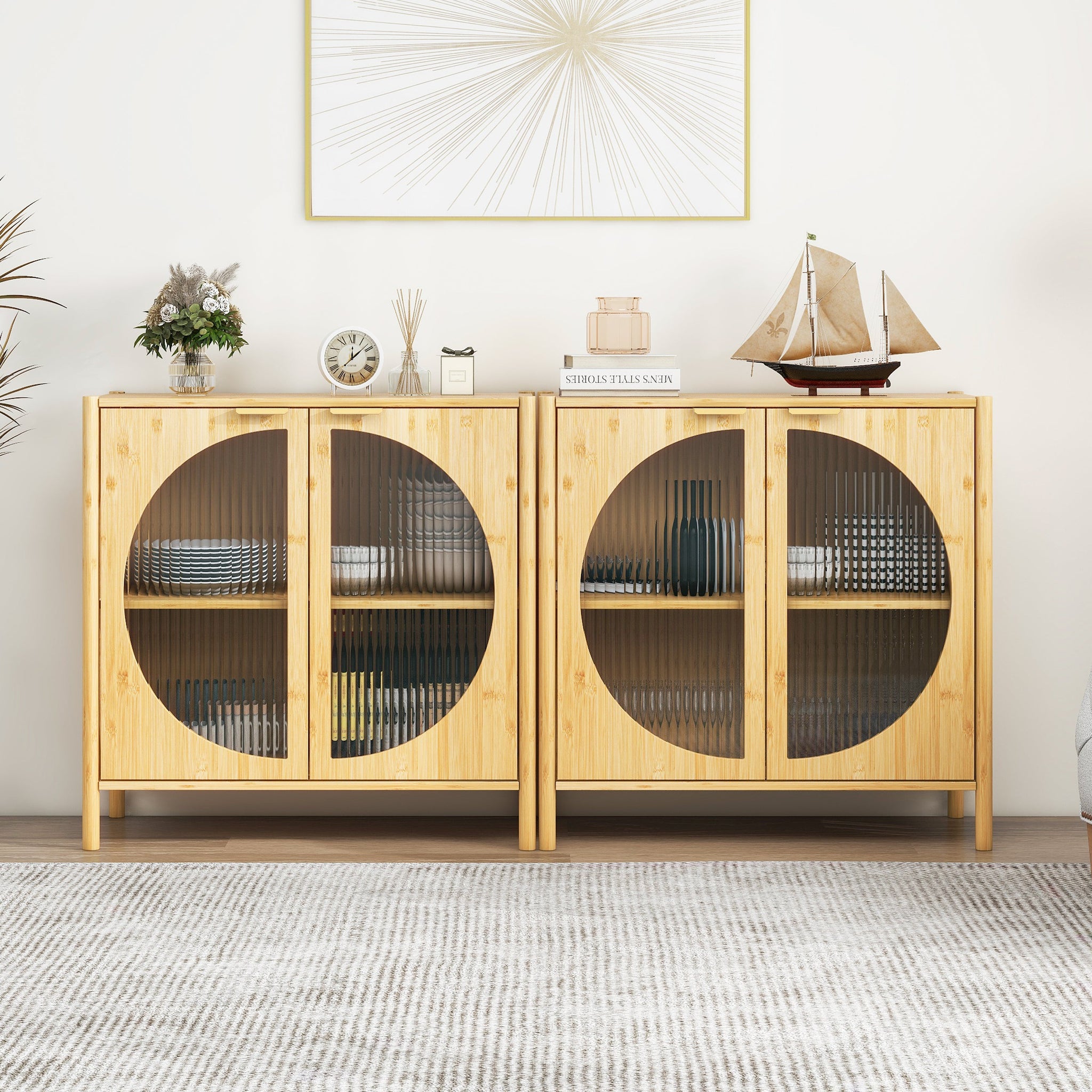 Storage Cabinet Set of 2, Bamboo Buffet Sideboard Cabinet with Glass Doors, Buffet Server Console Table, for Dining Room, Living Room, Kitchen, Hallway