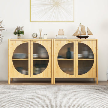 Storage Cabinet Set of 2, Bamboo Buffet Sideboard Cabinet with Glass Doors, Buffet Server Console Table, for Dining Room, Living Room, Kitchen, Hallway