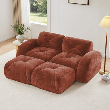 U Shaped Boneless Modular Sofa Soft Velvet Movable Ottomans 32D High Density Foam No Assembly Red and Brown