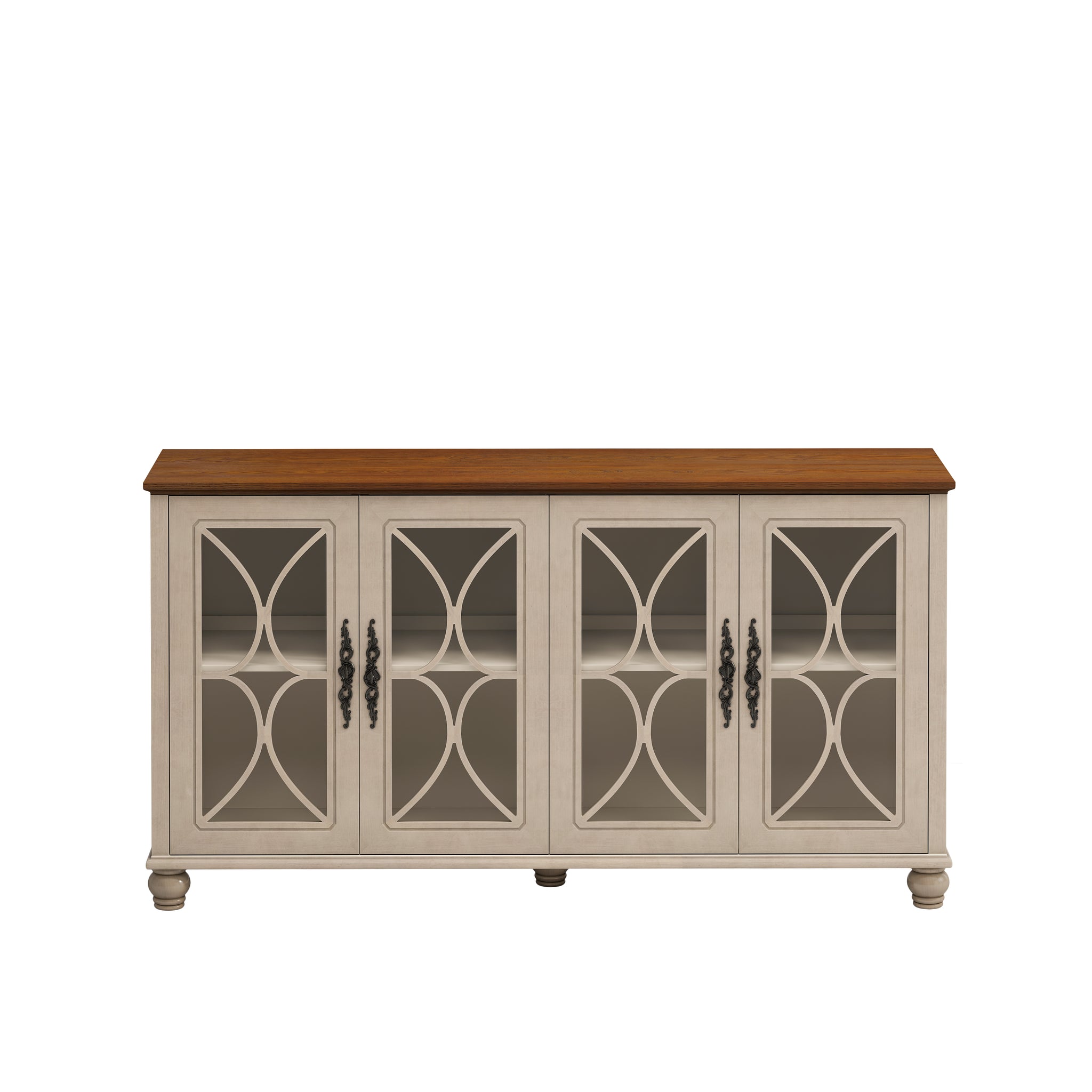 Elegant European Antique Style 4-Door Cabinet with Tempered Glass Doors,for Dining Room,Living Room,Hallway,Easy Assembly,Beige