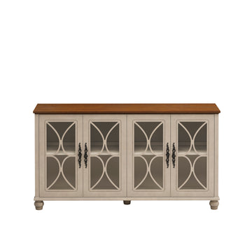 Elegant European Antique Style 4-Door Cabinet with Tempered Glass Doors,for Dining Room,Living Room,Hallway,Easy Assembly,Beige