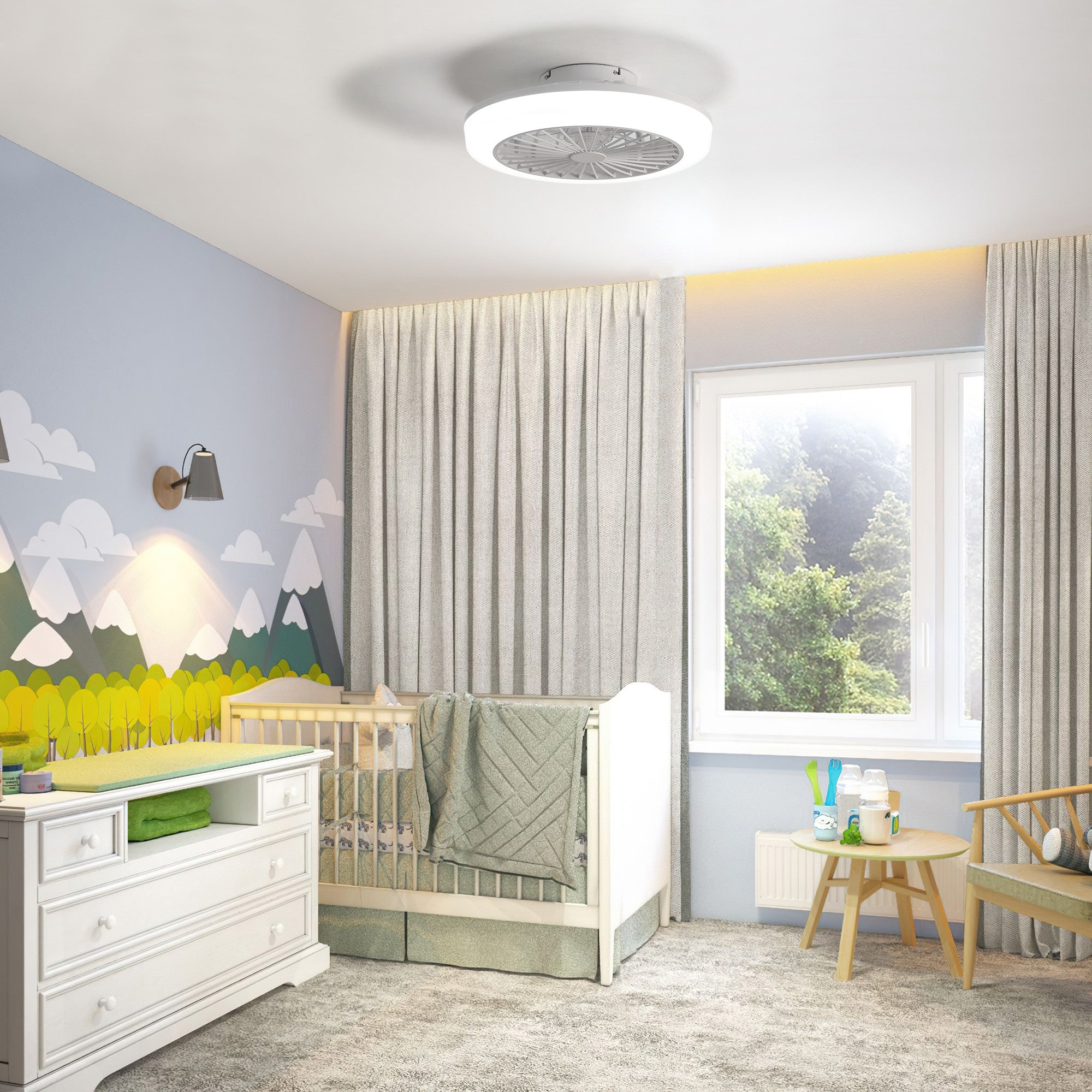 18 Inch Enclosed Bladeless Ceiling Fan with Light and Remote Flush Mount Modern Low Profile for Bedroom Kitchen Dining Room