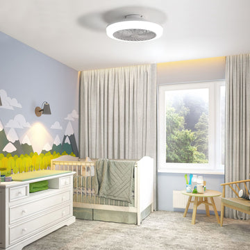 18 Inch Enclosed Bladeless Ceiling Fan with Light and Remote Flush Mount Modern Low Profile for Bedroom Kitchen Dining Room