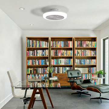 18 Inch Enclosed Bladeless Ceiling Fan with Light and Remote Flush Mount Modern Low Profile for Bedroom Kitchen Dining Room