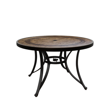 47.8 Inch Outdoor Round Dining Table Cast Aluminum Patio Dining Table Faux Wood Top Outdoor Patio Dining Table with Umbrella Hole