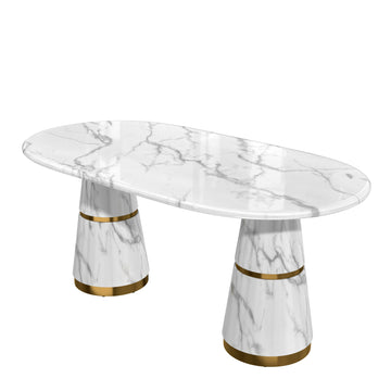 70 Inch White Marble Double Pedestal Dining Table Seats 6 Modern Stainless Steel Base
