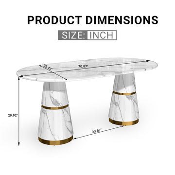 70 Inch White Marble Double Pedestal Dining Table Seats 6 Modern Stainless Steel Base