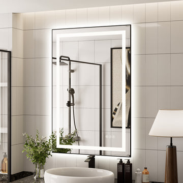 28 in. x 36 in. Black LED Bathroom Mirror with Aluminum Frame Anti Fog and Dimmable Light