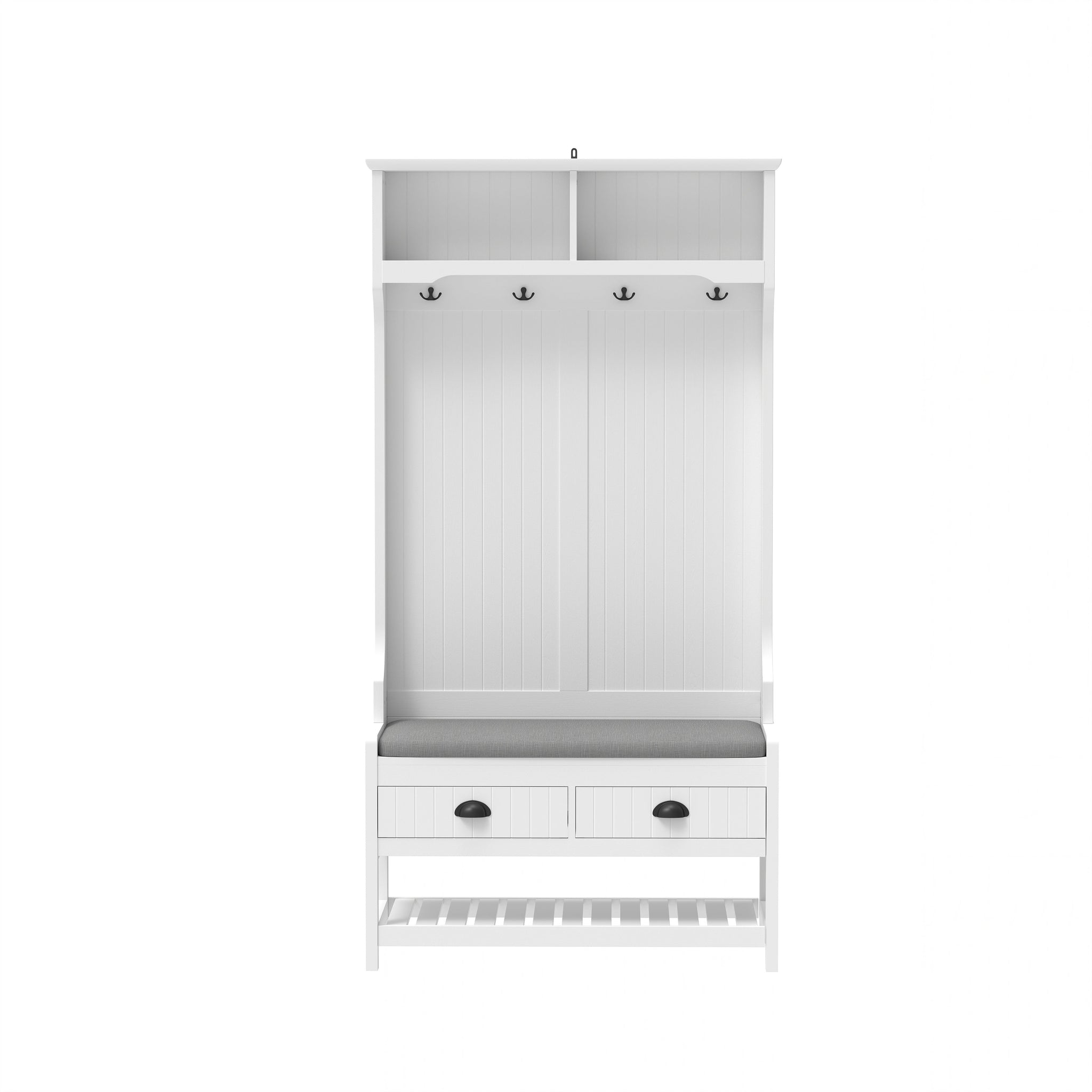 3-in-1 Hallway Hall Tree with 2 Storage Drawer and 4 Coat Rack, Wooden Entryway Shoe Rack Bench with Padded Seat Cushion, Mudroom Bench with Top Storage Shelf
