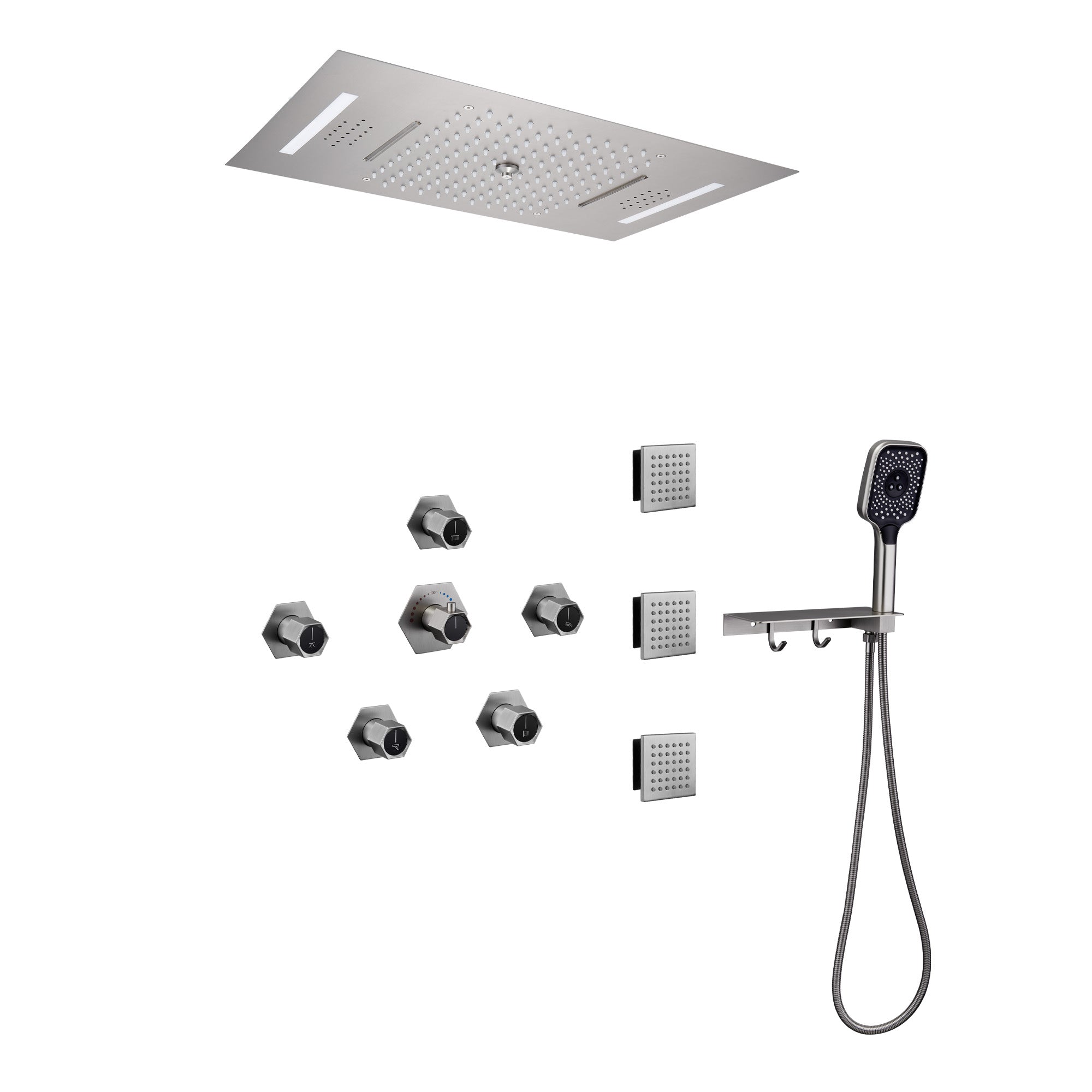 Luxury-LED-Shower-System-with-Side-Body-Jets-and-Handheld-Shower-Head-Shower-Faucet-Set-with-Shelf-and-Hook-Brushed-Nickel