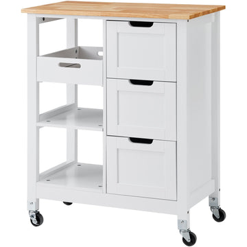 Rolling Portable Small Kitchen Island Cart on Wheels with Solid Wood Top, Dining Room Serving Utility Carts Mobile Movable with 3 Drawers and Storage Shelves Cabinet, White