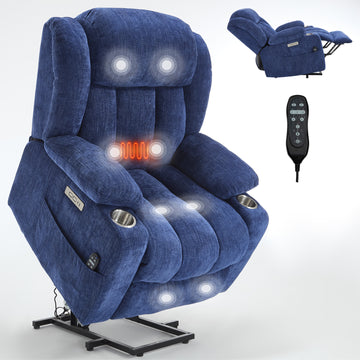 Blue Chenille Power Lift Recliner Chair with 8-Point Vibration Massage and Lumbar Heating