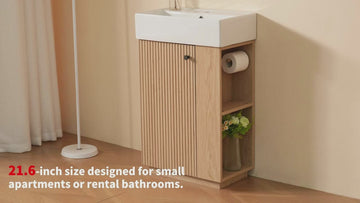 21.6 Inch Bathroom Vanity with Ceramic Sink Freestanding Left Door Wood Grain Cabinet Open and Closed Storage