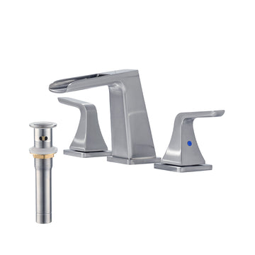 3-Hole Bathroom Faucet with Waterfall Spout, Dual Handle Design, and Pop-Up Drain - Corrosion Resistant, Solid Brass Construction, and Easy Installation