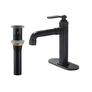 Single Hole Bathroom Faucet, Zinc Alloy Handle, 304 Stainless Steel Pop-Up Drain, Easy Installation with Decorative Base Plate