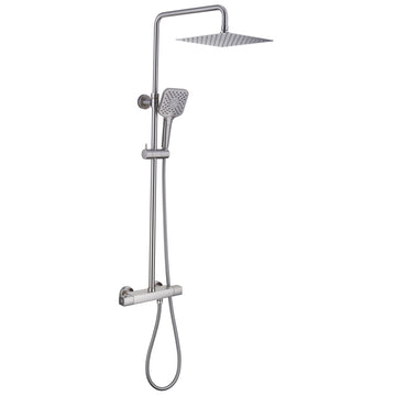 10 in. Wall Mount Square Thermostatic Rain Shower System with 3 Spray Patterns Handheld Shower in Brushed Nickel