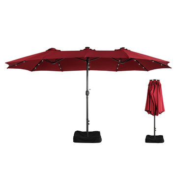 15ft Patio Market Umbrella with Base and Solar Light in Burgundy