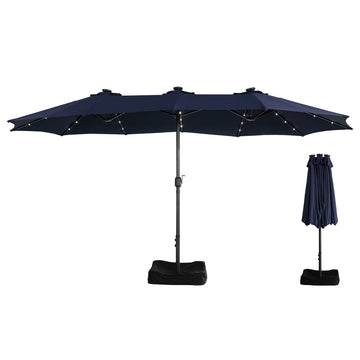 15ft Patio Market Umbrella with Base and Solar Light in Navy Blue
