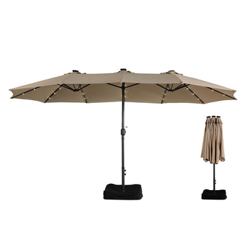 15ft Patio Market Umbrella with Base and Solar Light in Tan