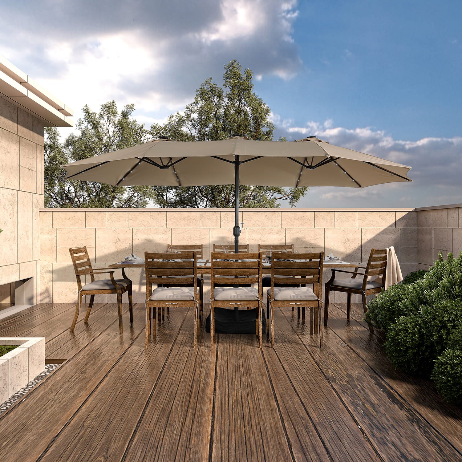 15ft Patio Market Umbrella with Base and Solar Light in Tan