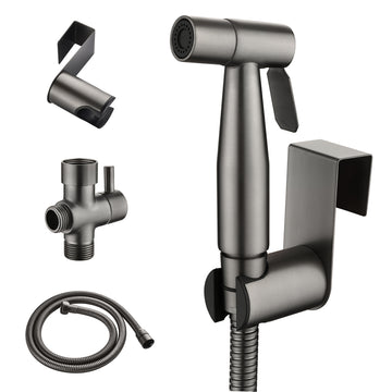 Boyel Living Single-Handle Bidet Faucet with Sprayer Holder, Solid Brass T-Valve Adapter and Flexible Bidet Hose in Gun Grey