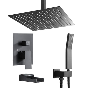 16 in. Matte Black Ceiling Mount Shower System Single-Handle Tub and Shower Faucet Handheld Shower Combo