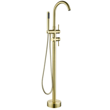 Boyel Living Freestanding Floor Mount 2-Handle Bath Tub Filler Faucet with Handheld Shower in Brushed Gold