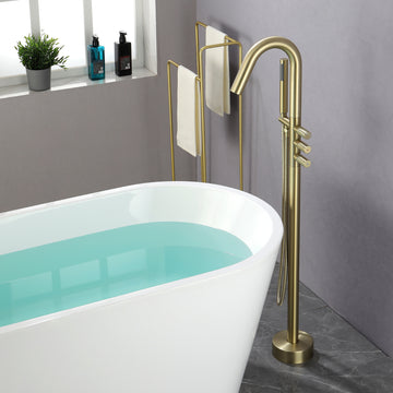 Boyel Living Freestanding Floor Mount 3-Handle Bath Tub Filler Faucet with Handheld Shower and Water Supply Lines in Brushed Gold