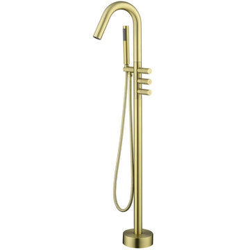 Boyel Living Freestanding Floor Mount 3-Handle Bath Tub Filler Faucet with Handheld Shower and Water Supply Lines in Brushed Gold