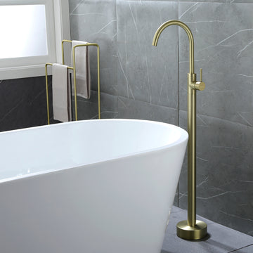 Boyel Living Freestanding Floor Mount Single Handle Bath Tub Filler Faucet with Water Supply Lines in Brushed Gold