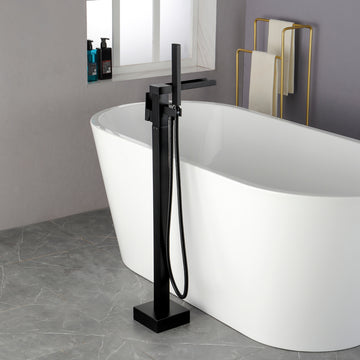 Boyel Living Freestanding Floor Mount Single Handle Waterfall Tub Filler Faucet with Handheld Shower in Matte Black