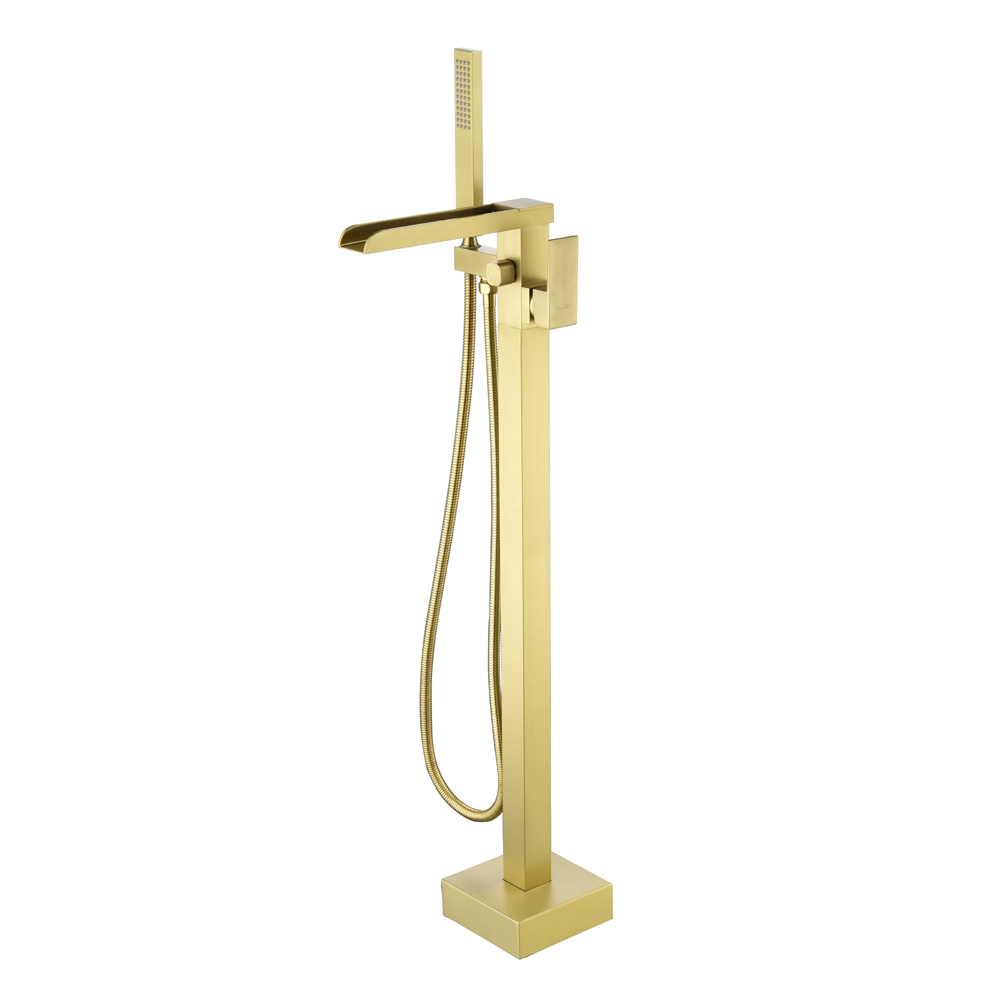 Boyel Living Freestanding Floor Mount Single Handle Waterfall Tub Filler Faucet with Handheld Shower in Brushed Gold