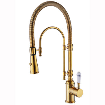 Brushed Gold Single-Handle Spring Tube Pull-Down Sprayer Kitchen Faucet