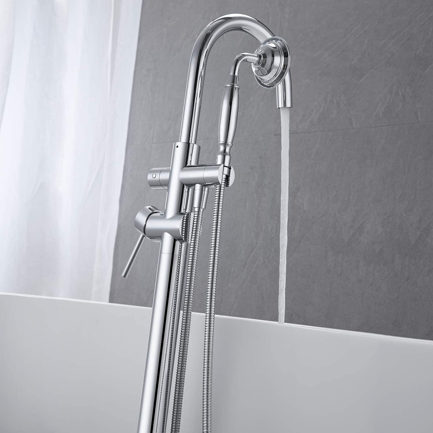 Freestanding Tub Faucet featuring a swan-like high arched spout and handheld shower