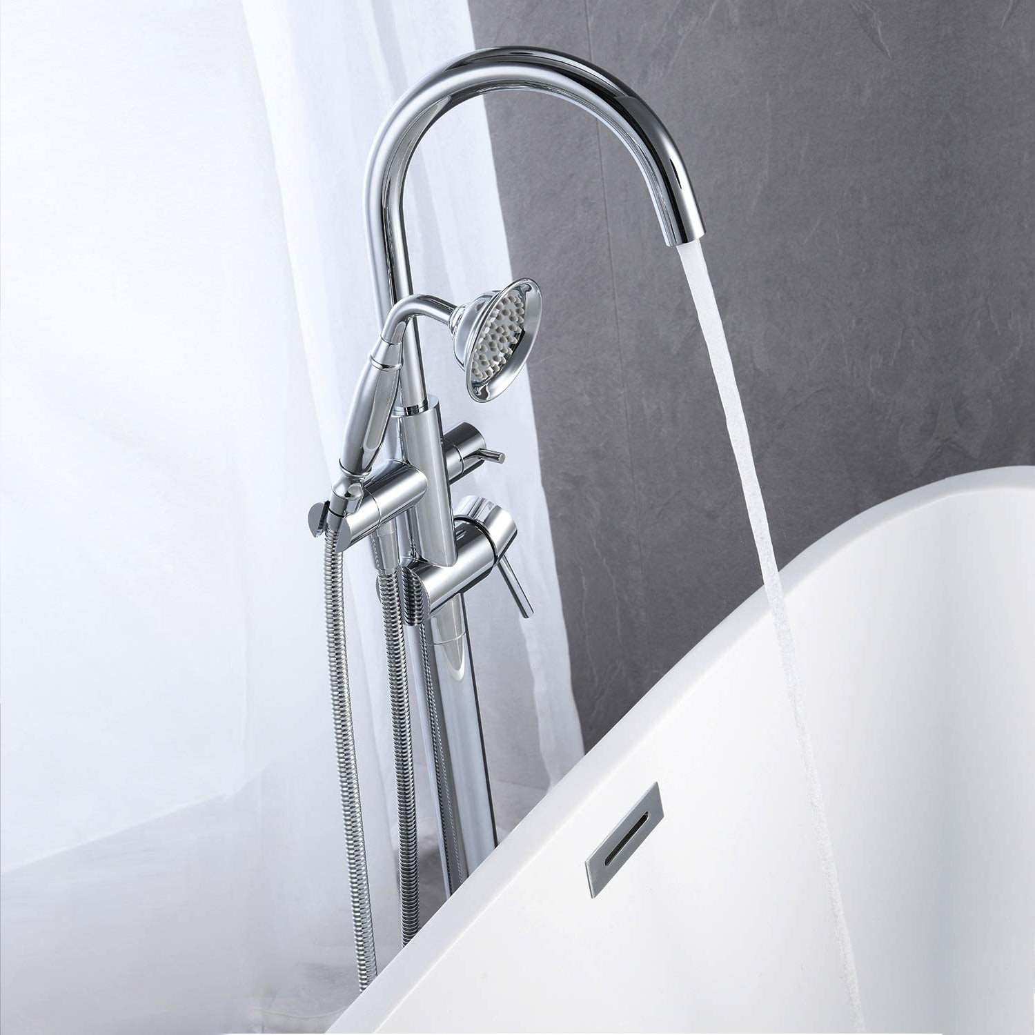 Freestanding Tub Faucet with Handheld Shower in Chrome with Double lever style handle
