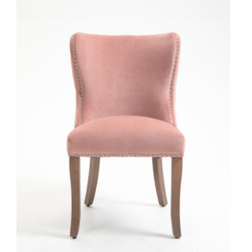 2 PCS Pink Upholstered Wing-Back Dining Chair with Back-stitching Nail-head Trim and Solid Wood Legs