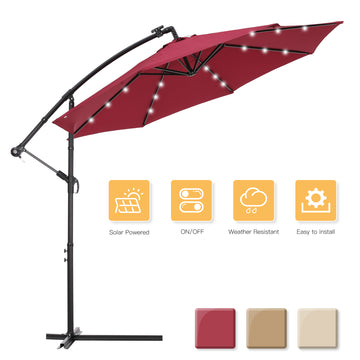 10 FT Solar LED Patio Outdoor Umbrella Hanging Cantilever Umbrella Offset Umbrella Easy Open Adustment with 24 LED Lights - Burgundy