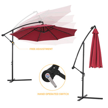 10 FT Solar LED Patio Outdoor Umbrella Hanging Cantilever Umbrella Offset Umbrella Easy Open Adustment with 24 LED Lights - Burgundy